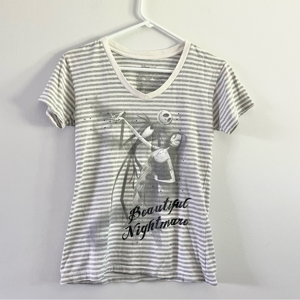 Disney Store Nightmare Before Christmas Tee Shirt Striped V Neck Gray White XS